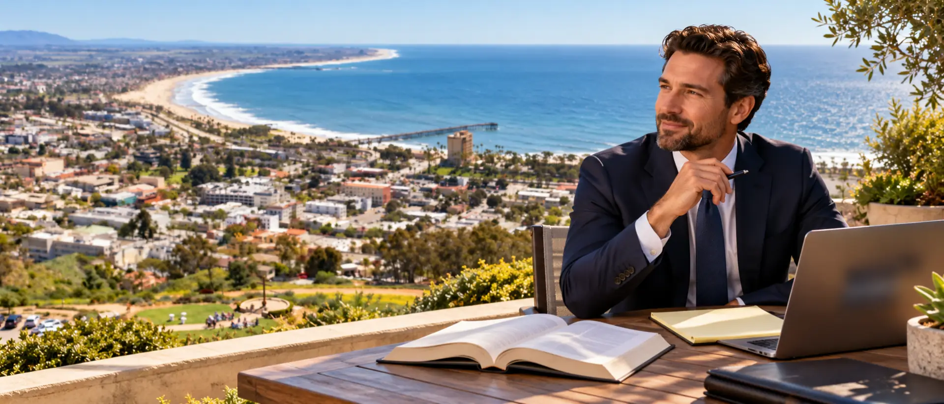 Attorney in a suit reviewing a law book at a terrace desk above downtown Ventura, with the Ventura Pier and coastline behind