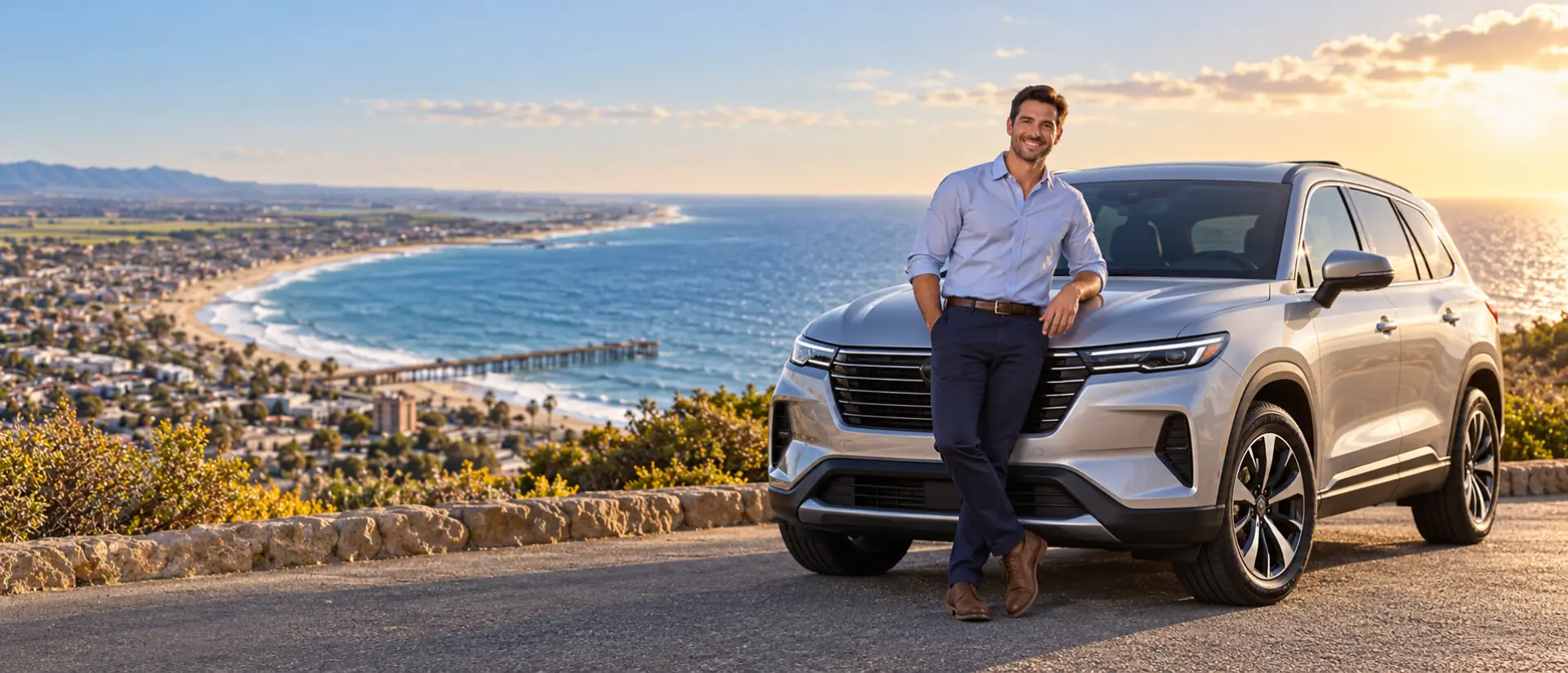 Car dealership professional leaning on a silver SUV on a coastal bluff road, with the Ventura Pier and curving coastline behind