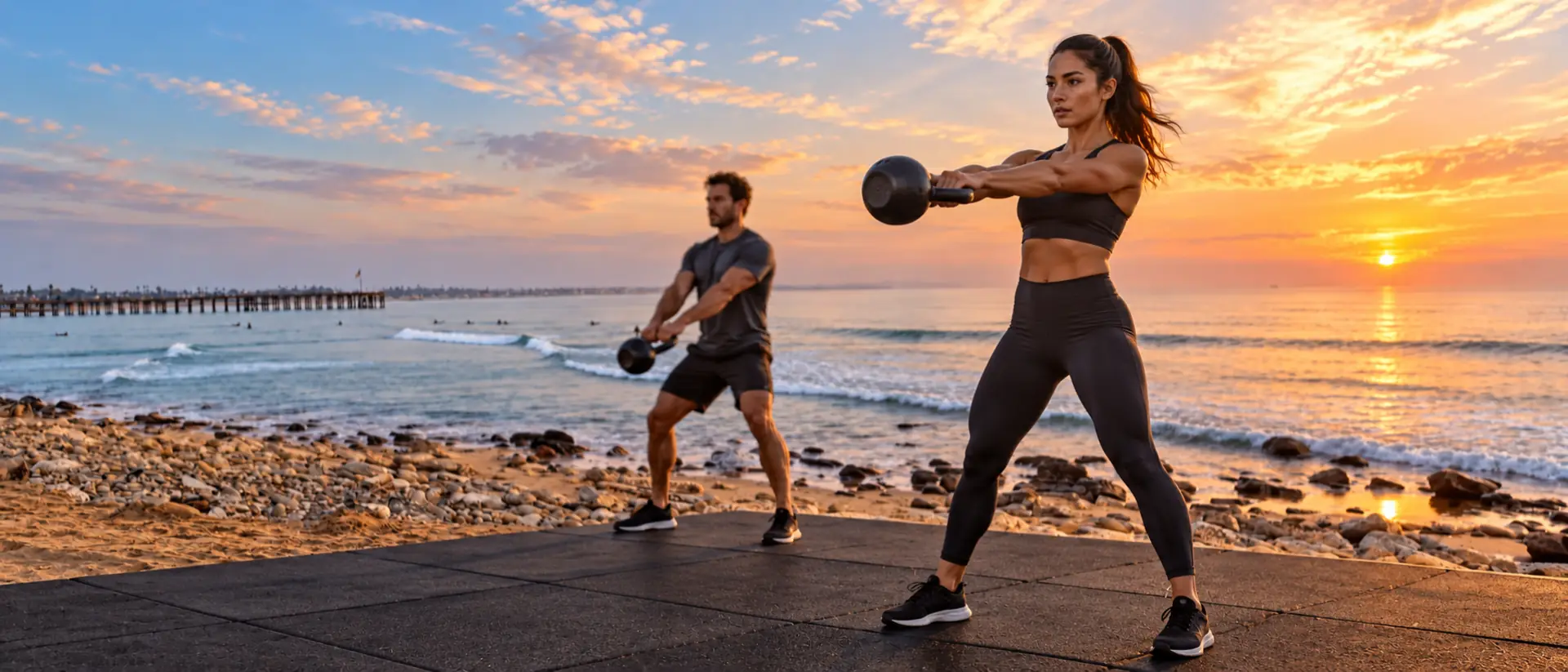 Two athletes doing kettlebell swings on a rubber-matted platform beside the beach near the Ventura Pier at sunset