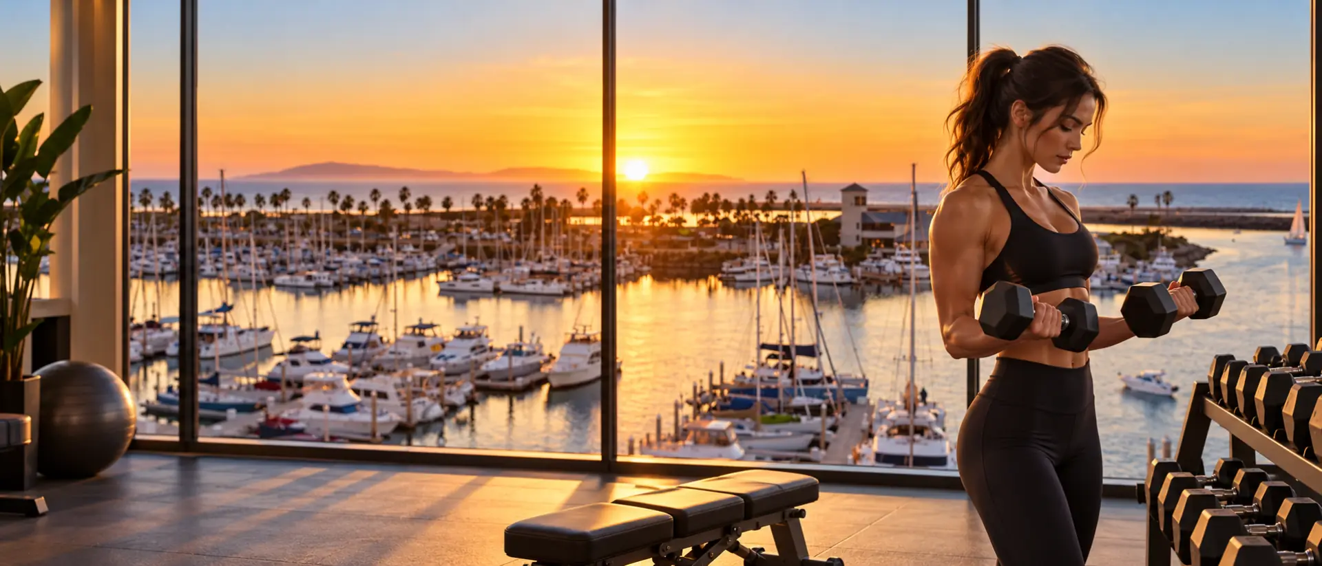 Woman lifting dumbbells in a gym with floor-to-ceiling windows overlooking Ventura Harbor at sunset