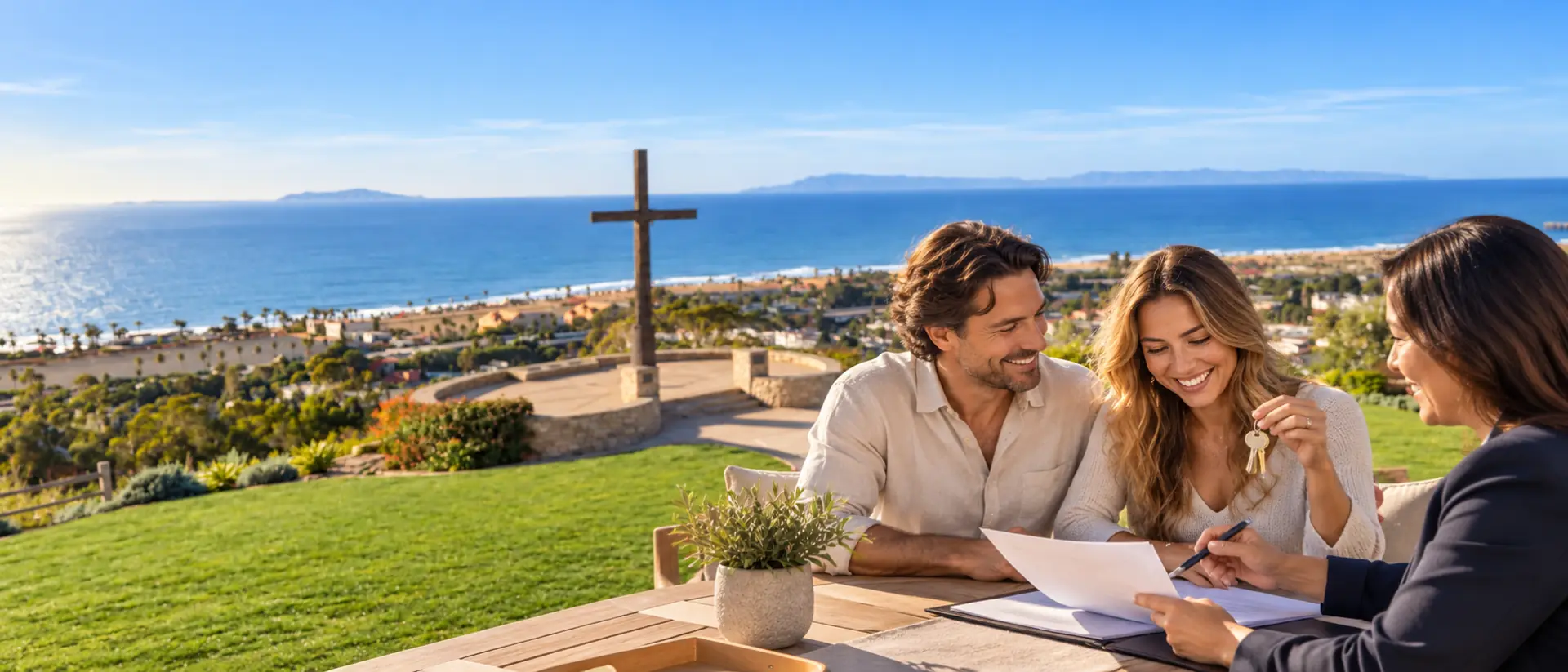 Loan officer reviewing documents with a couple holding house keys on a terrace by the Serra Cross in Ventura