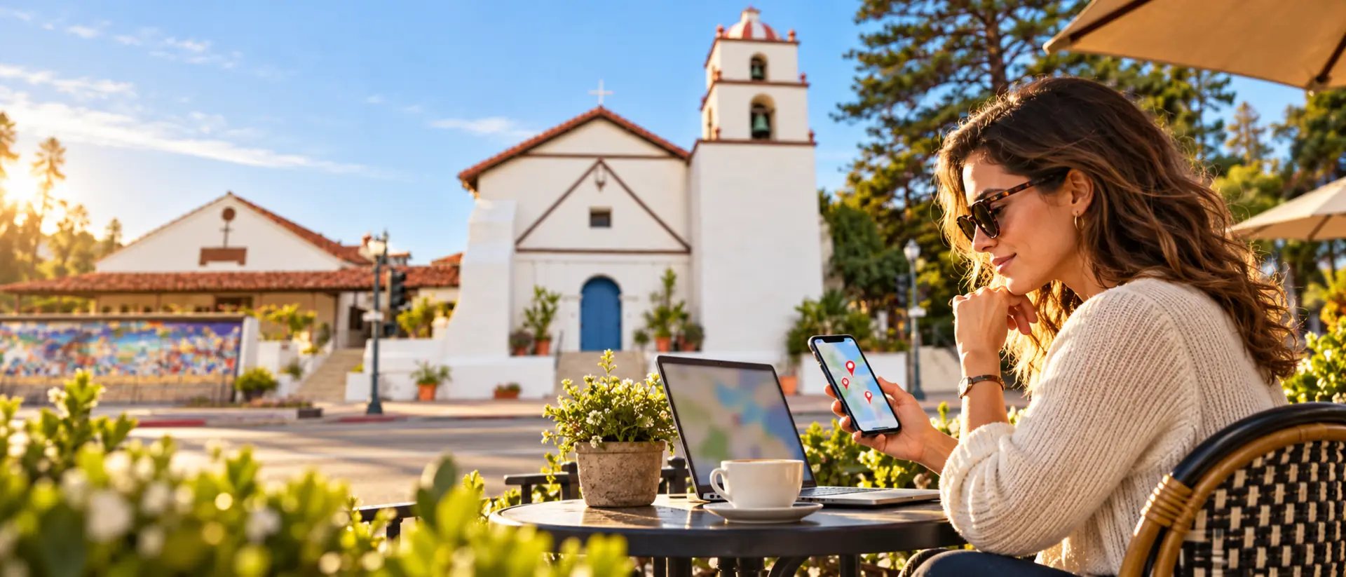 Business owner at a sidewalk cafe table checking a phone map beside Mission San Buenaventura