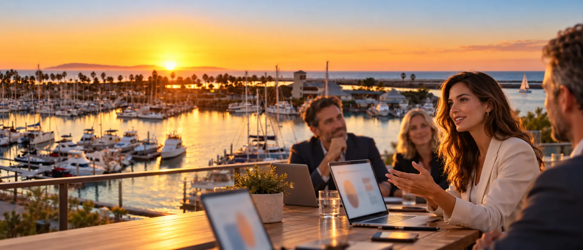 Agency team meeting with a client around a harbor-side table, with Ventura Harbor boats and a sunset behind