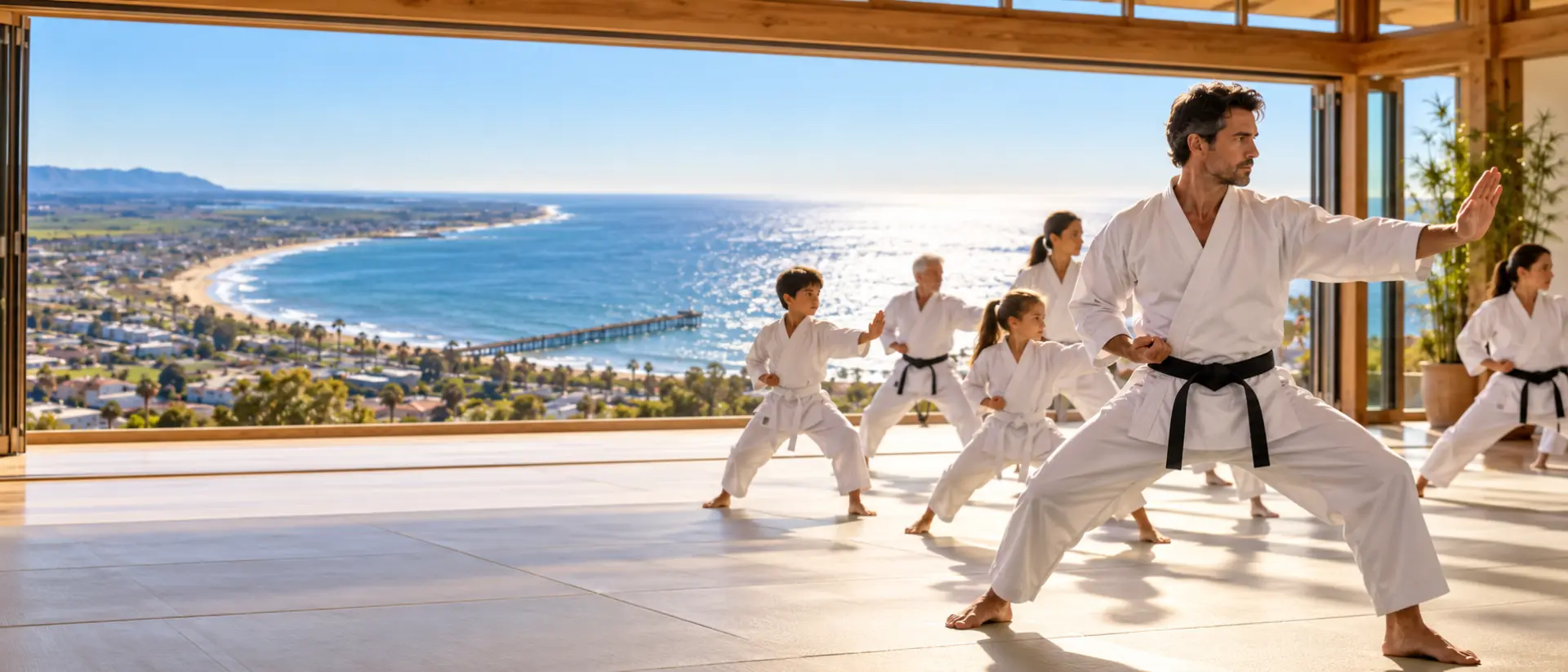 Martial arts instructor leading a mixed-age karate class in an open-air dojo facing the Ventura coast and pier