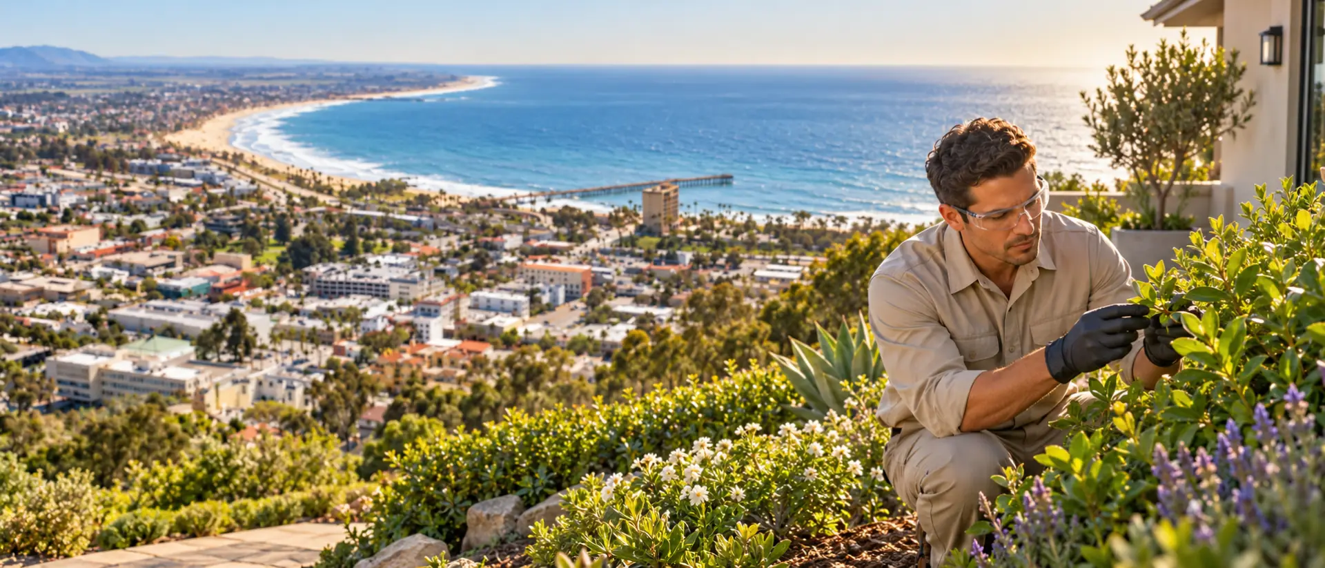 Pest control technician inspecting garden plants beside a coastal home with Ventura and the ocean behind