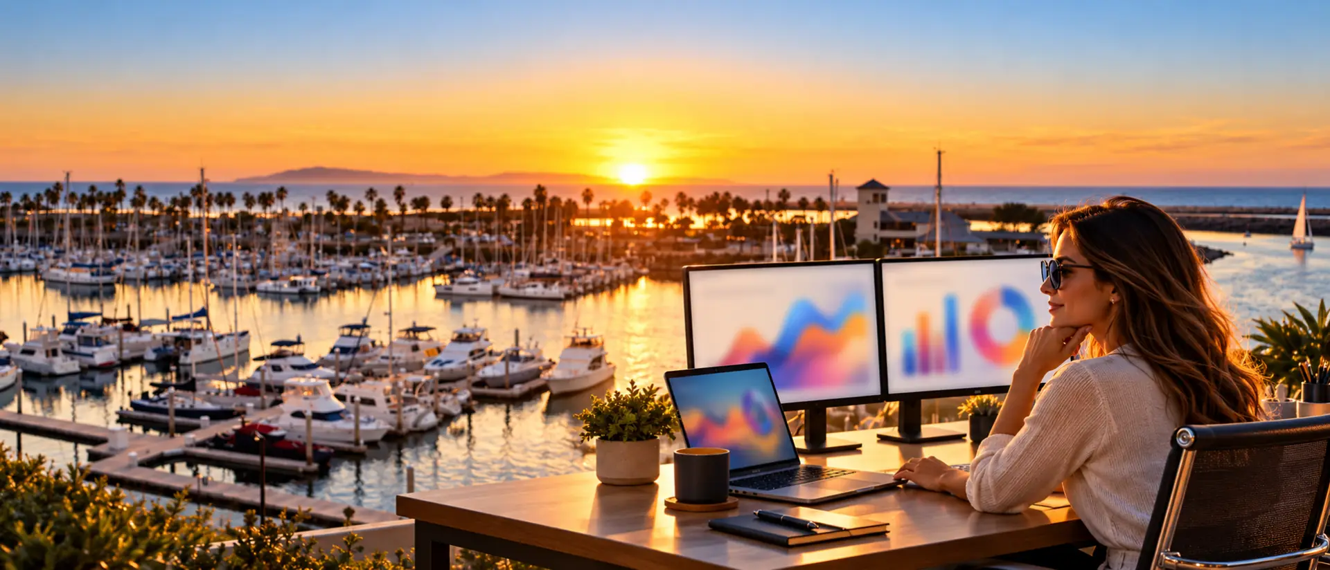 Advertising specialist at a harbor-side desk with two monitors of campaign charts and Ventura Harbor boats at sunset behind