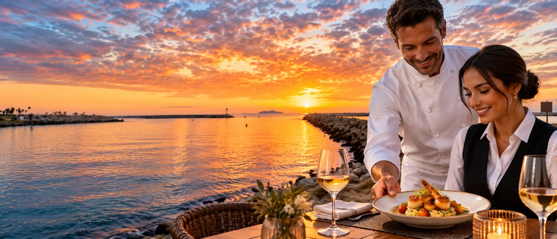 Chef and server presenting a plated dish on a waterfront patio at the Ventura Harbor entrance at sunset