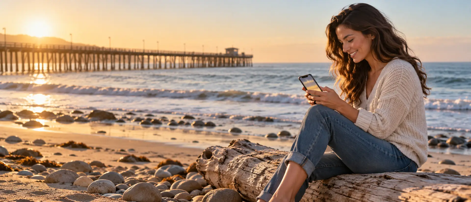 Customer typing a review on a phone while seated on a log at Surfers Point beach with the Ventura Pier behind