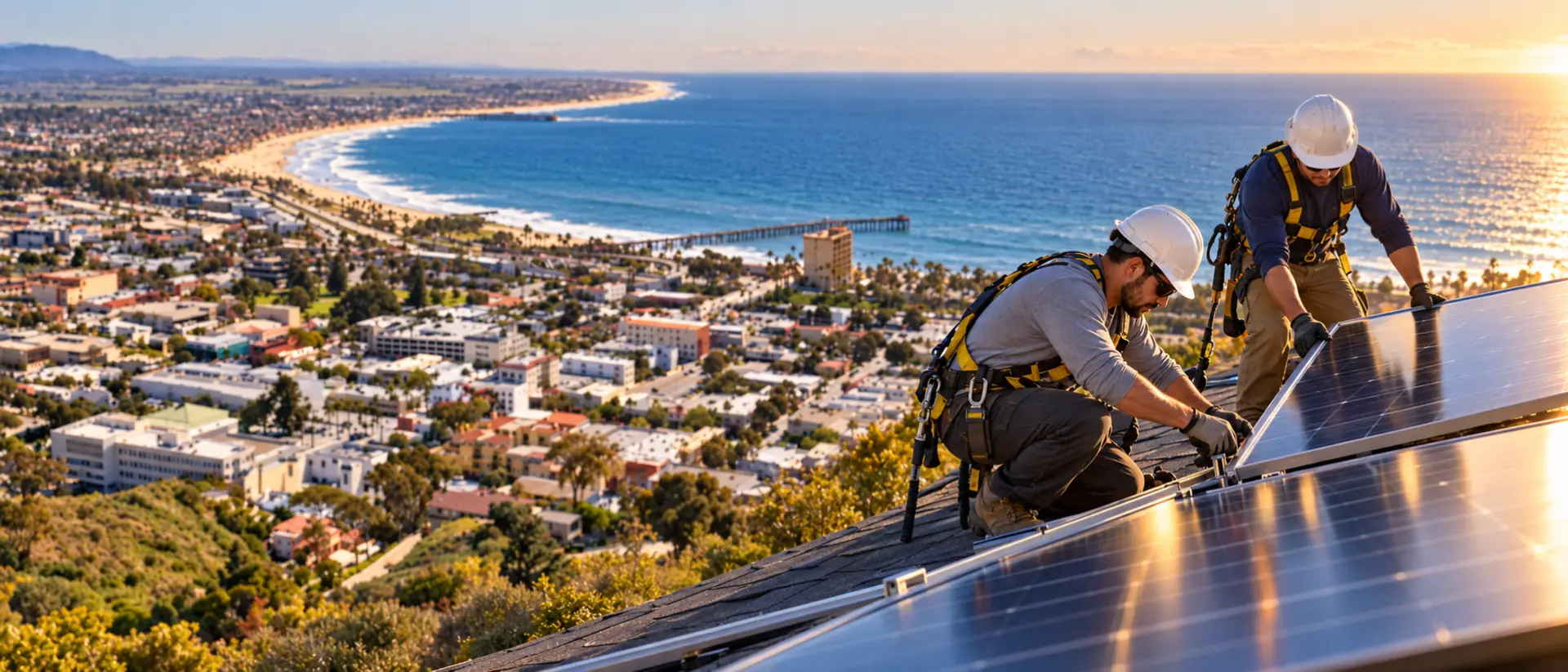 Two installers fitting rooftop solar panels with Ventura and the coastline in the background