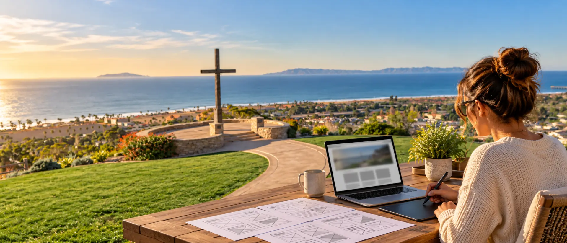 Web designer sketching wireframes on a tablet at a terrace table near the Serra Cross with the Ventura coast behind