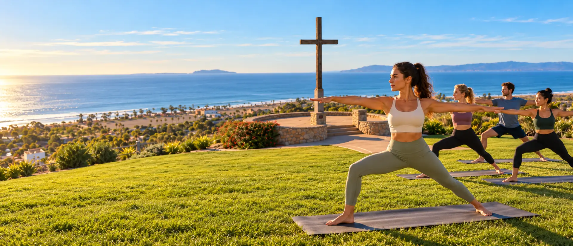 Yoga instructor leading a warrior pose class on a hilltop lawn near the Serra Cross with the Ventura coast behind